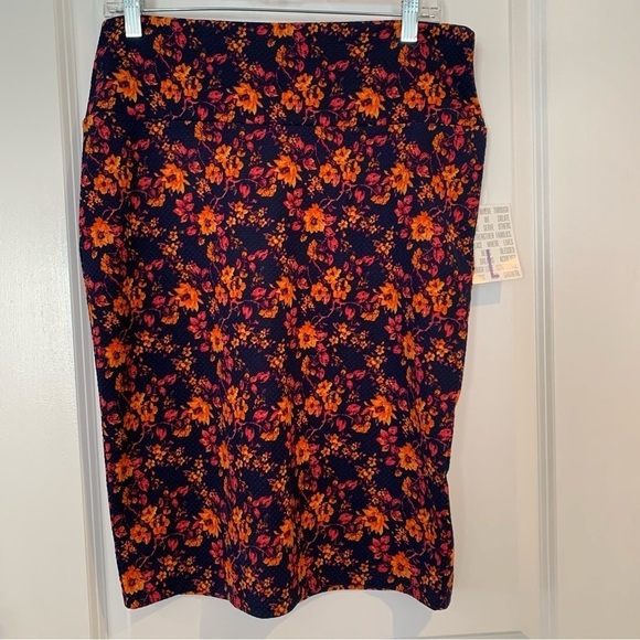 LulaRoe Cassie Blue Orange Floral Pencil Skirt Size Large - Picture 2 of 6
